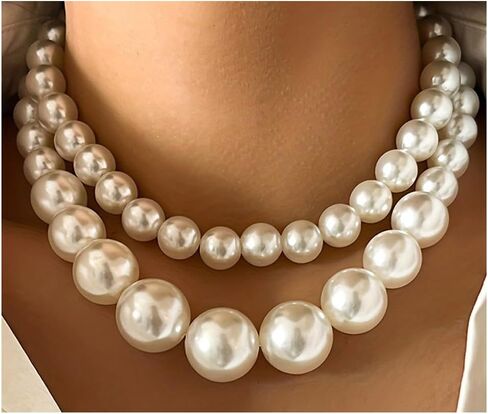 2 PCS Pearl Choker Necklaces for Women Summer Layered Necklace Big Chunky Pearl Necklace Fashion Jewelry Gifts in Saudi Arabia
