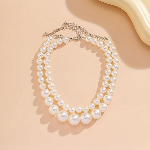 2 PCS Pearl Choker Necklaces for Women Summer Layered Necklace Big Chunky Pearl Necklace Fashion Jewelry Gifts in Saudi Arabia