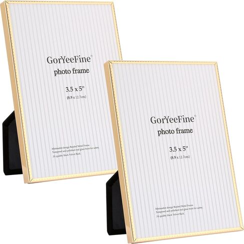3.5x5 inch Gold Metal Picture Frames 2-Pack,Thin Edge Beading Minimalist Design Photo Frames 5x3.5'' with HD-Tempered Glass -Velvet Back,Tabletop & Wall Mount Frames in Saudi Arabia