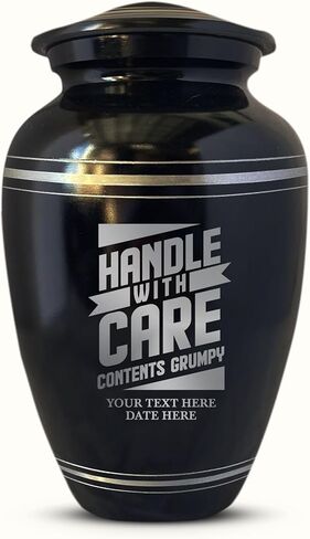 Personalized Human Cremation Urn for Adult Ashes Men & Women - Engraved Aluminum Urn with Name and Funny Humorous Handle with care Contents Grumpy Design- Urn for Human Remains | Black with Silver Rim in Saudi Arabia