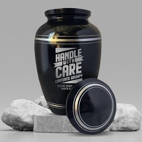 Personalized Human Cremation Urn for Adult Ashes Men & Women - Engraved Aluminum Urn with Name and Funny Humorous Handle with care Contents Grumpy Design- Urn for Human Remains | Black with Silver Rim in Saudi Arabia
