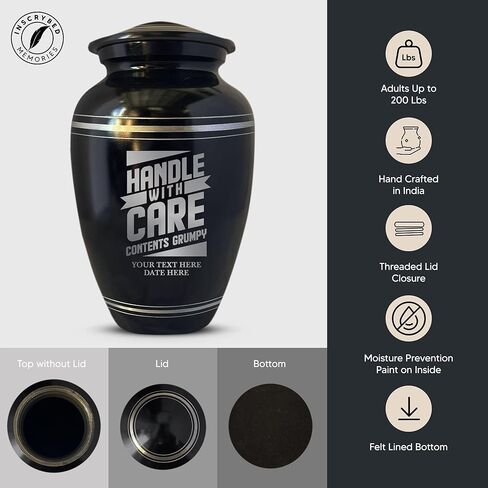 Personalized Human Cremation Urn for Adult Ashes Men & Women - Engraved Aluminum Urn with Name and Funny Humorous Handle with care Contents Grumpy Design- Urn for Human Remains | Black with Silver Rim in Saudi Arabia