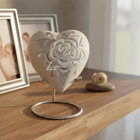 Forever Heart Keepsake Urn with Stand – Mini Heart-Shaped Cremation Urn for Ashes White Rose Design Solid Aluminum Memorial Urn for Loved Ones in Saudi Arabia
