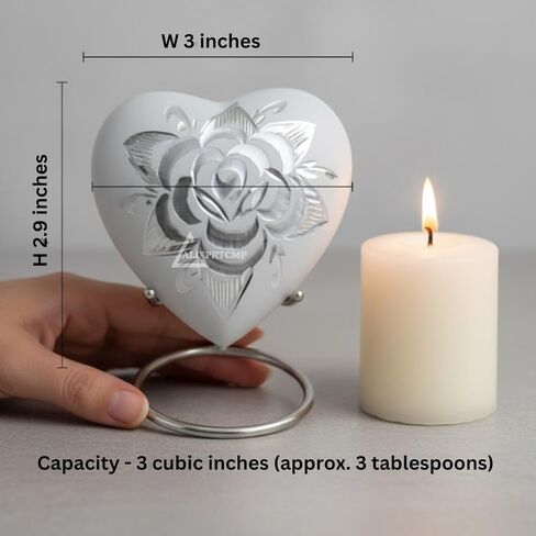 Forever Heart Keepsake Urn with Stand – Mini Heart-Shaped Cremation Urn for Ashes White Rose Design Solid Aluminum Memorial Urn for Loved Ones in Saudi Arabia