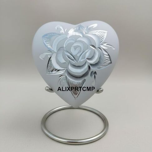 Forever Heart Keepsake Urn with Stand – Mini Heart-Shaped Cremation Urn for Ashes White Rose Design Solid Aluminum Memorial Urn for Loved Ones in Saudi Arabia