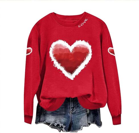 Bacrelax عيد الحب قمصان للنساء عادية لطيف القلب الحب الجرافيك البلوز حجم كبير كم طويل Crewneck البلوز القمم in Kuwait