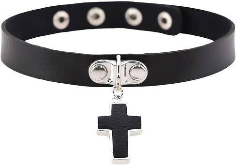 CALFOVERA Black PU Leather Choker for Women Cross Pendant Adjustable Leather Collar Chain Punk Gothic Style Circle Short Necklace with Rivet for Costume Jewelry Christmas Party Cosplay Gift in Saudi Arabia