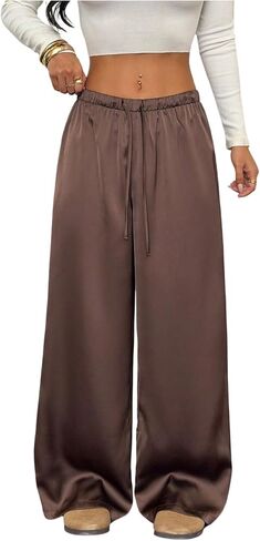 SOLY HUX Women's Satin Pants Fall Drawstring Waist Straight Leg Casual Loose Trousers in Kuwait