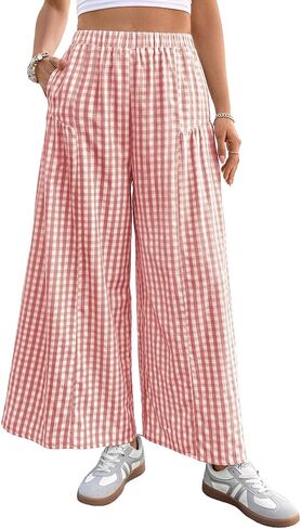 EVALESS Women's Wide Leg Palazzo Pants Casual Elastic High Waisted Cotton Gingham Plaid Culottes Trousers with Pockets in Saudi Arabia