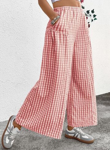 EVALESS Women's Wide Leg Palazzo Pants Casual Elastic High Waisted Cotton Gingham Plaid Culottes Trousers with Pockets in Saudi Arabia