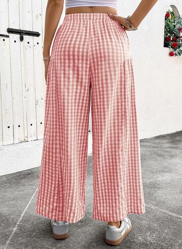EVALESS Women's Wide Leg Palazzo Pants Casual Elastic High Waisted Cotton Gingham Plaid Culottes Trousers with Pockets in Saudi Arabia