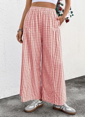 EVALESS Women's Wide Leg Palazzo Pants Casual Elastic High Waisted Cotton Gingham Plaid Culottes Trousers with Pockets in Saudi Arabia