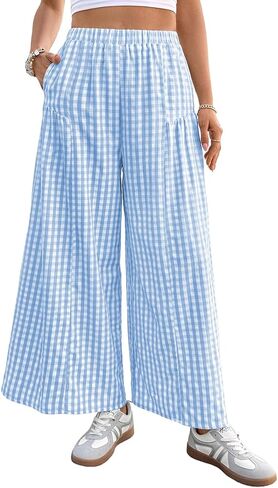 EVALESS Women's Wide Leg Palazzo Pants Casual Elastic High Waisted Cotton Gingham Plaid Culottes Trousers with Pockets in Saudi Arabia