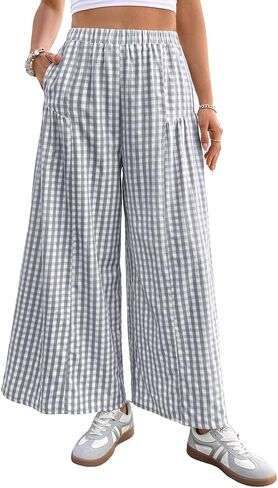 EVALESS Women's Wide Leg Palazzo Pants Casual Elastic High Waisted Cotton Gingham Plaid Culottes Trousers with Pockets in Saudi Arabia