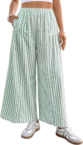 EVALESS Women's Wide Leg Palazzo Pants Casual Elastic High Waisted Cotton Gingham Plaid Culottes Trousers with Pockets in Saudi Arabia