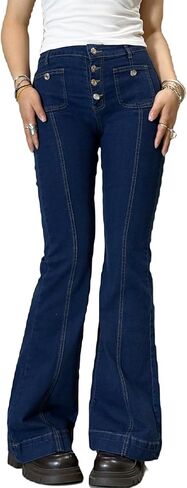 HOXIJIA Women Y2K Low Rise Flare Jeans Wide Leg Stretch Denim Pants 2000s Retro Bell Bottom Streetwear Trousers in Kuwait