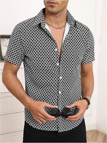 OYOANGLE Men's Button Down Short Sleeve Shirt Geo Print Collared Summer Dress Shirts in Saudi Arabia