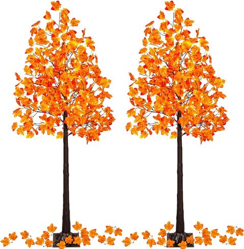 VIVATREES 2Pack 5FT+6FT Artificial Lighted Maple Tree, Light Up Fall Tree with 216 LED Warm White Lights for Halloween, Thanksgiving, Autumn Harvest Outdoor Indoor Home Decor, Orange in Saudi Arabia
