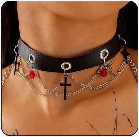 Gothic Black Leather Choker Necklace for Women Vintage Bat Wing Cross Heart Pendant Necklace Punk Y2k Tassel Chain Necklace Dark Vampire Witch Lolita Halloween Costume in Saudi Arabia