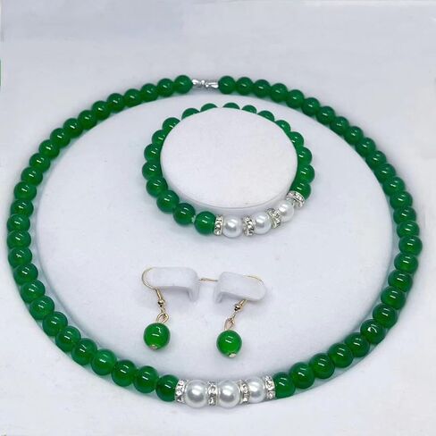 Faux Jade Beaded Necklace Bracelet Earring Set for Mom Gift Green Bead Bracelet with Pearl Simulated Jade Necklace with Diamond Elegant Ornament Set for Sister Grandmother Wife Birthday Gifts 3PCS in Saudi Arabia