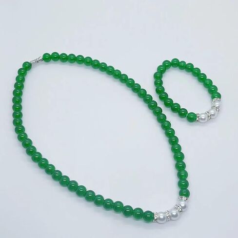 Faux Jade Beaded Necklace Bracelet Earring Set for Mom Gift Green Bead Bracelet with Pearl Simulated Jade Necklace with Diamond Elegant Ornament Set for Sister Grandmother Wife Birthday Gifts 3PCS in Saudi Arabia
