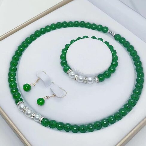 Faux Jade Beaded Necklace Bracelet Earring Set for Mom Gift Green Bead Bracelet with Pearl Simulated Jade Necklace with Diamond Elegant Ornament Set for Sister Grandmother Wife Birthday Gifts 3PCS in Saudi Arabia