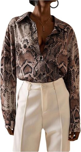 Floerns Women's Snake Print Button Down Shirts Collared Long Sleeve Going Out Blouse Tops in Saudi Arabia