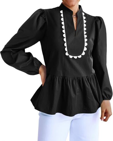 Cicy Bell Womens Puff Long Sleeve Peplum Blouses Babydoll V Neck Ruffle Tops Cute Cotton Loose Fit Shirts in Saudi Arabia