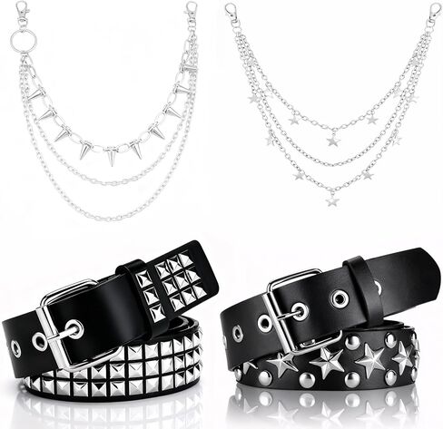 مجموعة أحزمة TSEWA مكونة من 4 قطع مع أزرار هرمية وحزام على شكل نجمة، وإكسسوارات Y2K Goth Punk Rock مع سلاسل بنطلون للنساء والرجال (2 سلسلة خصر فضية + 2 حزام مرصع) in Kuwait