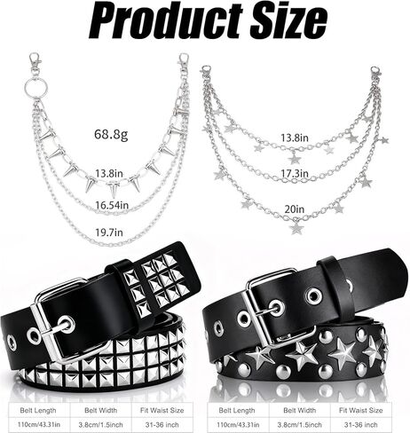 مجموعة أحزمة TSEWA مكونة من 4 قطع مع أزرار هرمية وحزام على شكل نجمة، وإكسسوارات Y2K Goth Punk Rock مع سلاسل بنطلون للنساء والرجال (2 سلسلة خصر فضية + 2 حزام مرصع) in Kuwait