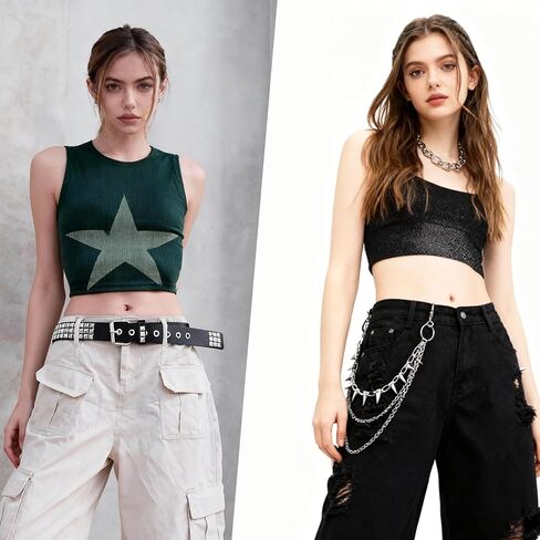 مجموعة أحزمة TSEWA مكونة من 4 قطع مع أزرار هرمية وحزام على شكل نجمة، وإكسسوارات Y2K Goth Punk Rock مع سلاسل بنطلون للنساء والرجال (2 سلسلة خصر فضية + 2 حزام مرصع) in Kuwait