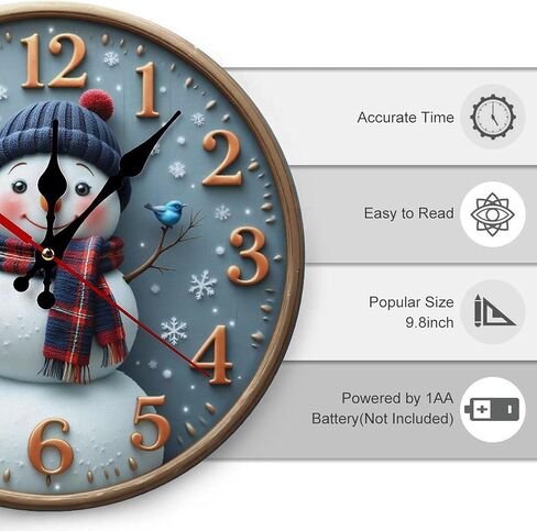 Wall Clock, Winter Snowman Non Ticking Wall Clocks Battery Operated, Blue Grey Wooden Wall Clocks for Living Room Bedroom Office Decorative Wall Clock, Kitchen, Classroom 25 * 25cm in Saudi Arabia