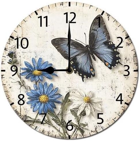 ZXCXRQFa Rustic Daisy Butterflies Wall Clock Vintage Battery Operated Silent Non Ticking Round Wooden Wall Clocks Decorative for Kitchen Living Room Bedroom Office Garden Outdoor 10 Inch in Saudi Arabia