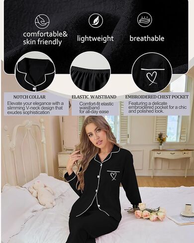 Pajamas for Women Set 2 Piece lounge sets Long Sleeve Button Down Loungewear Sleepwear Soft Pj,Chest Pocket(S-XL) in Saudi Arabia