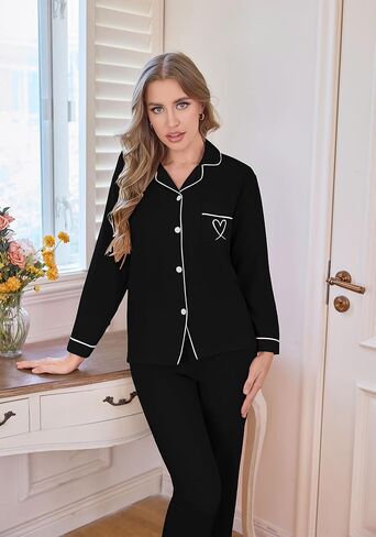 Pajamas for Women Set 2 Piece lounge sets Long Sleeve Button Down Loungewear Sleepwear Soft Pj,Chest Pocket(S-XL) in Saudi Arabia