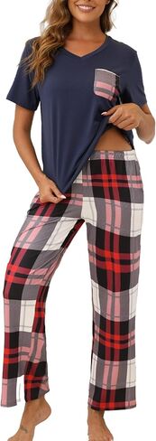 Luwnlorder Womens Pajama Sets 2 Piece Short Sleeve Pjs Tops and Long Pants Sleepwear Lounge Set with Pocket in Saudi Arabia