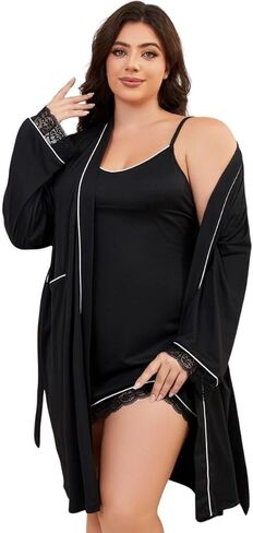 ebukurty Black Pajamas Sets for Women 2 Piece Sexy Lace Nightgown and Long Sleeve Outer Robe Soft Womens Sleepwear in Saudi Arabia