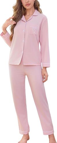 Pajamas for Women Set 2 Piece lounge sets Long Sleeve Button Down Loungewear Sleepwear Soft Pj,Chest Pocket(S-XL) in Saudi Arabia