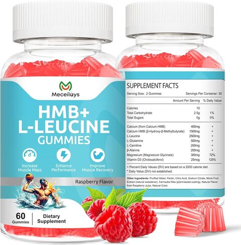 HMB & L -Leucine Gummies 4000mg (60 Count) - خالية من السكر ، نباتي ، غير محلي ، خالية من الغلوتين - يدعم نمو العضلات والانتعاش والتحمل للرجال والنساء والمسنين - نكهة Raspberry in Kuwait