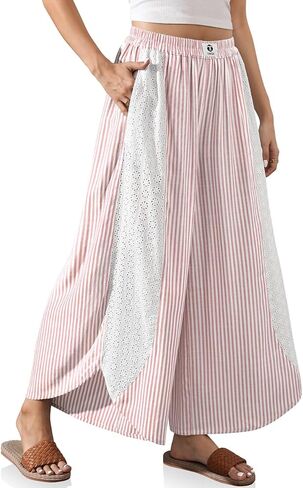 TARSE Womens Wide Leg Striped Boho Palazzo Pants with Lace Panel Summer Loose Elastic Waist Beach Vacation Lounge Pants in Saudi Arabia