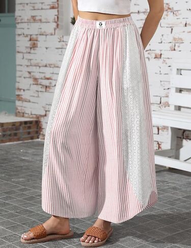 TARSE Womens Wide Leg Striped Boho Palazzo Pants with Lace Panel Summer Loose Elastic Waist Beach Vacation Lounge Pants in Saudi Arabia