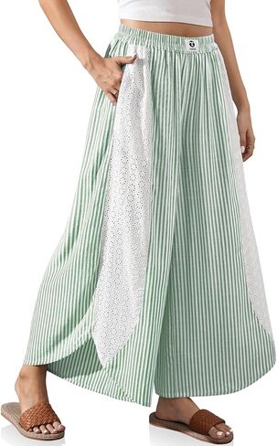 TARSE Womens Wide Leg Striped Boho Palazzo Pants with Lace Panel Summer Loose Elastic Waist Beach Vacation Lounge Pants in Saudi Arabia