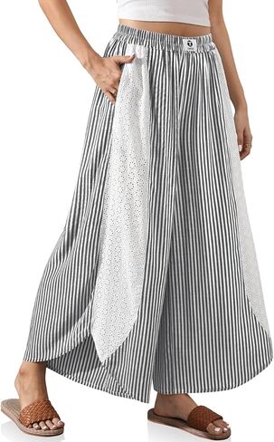TARSE Womens Wide Leg Striped Boho Palazzo Pants with Lace Panel Summer Loose Elastic Waist Beach Vacation Lounge Pants in Saudi Arabia