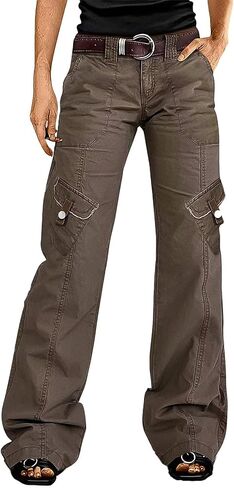 Flamingals Straight Leg Mid Waist Stitch Detail with Flap Pocket Cargo Pants Without Belt in Kuwait