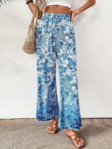 Women's Blue White Paisley Print Wide Leg Pants Elastic Waist Casual Long Trousers Summer Vacation Versatile Pants in Saudi Arabia
