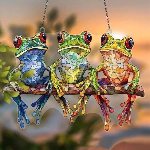 Three Frogs Stained Window Hanging Ornament, Frogs on Tree Branch Wall Acrylic Window Panel, Great Gift for Housewarming in Saudi Arabia