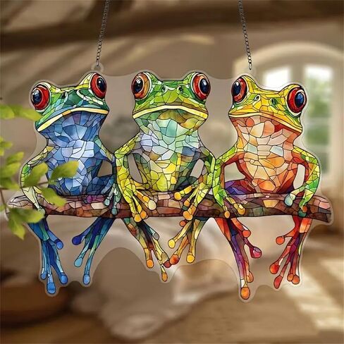 Three Frogs Stained Window Hanging Ornament, Frogs on Tree Branch Wall Acrylic Window Panel, Great Gift for Housewarming in Saudi Arabia