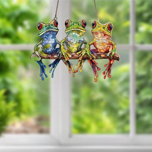 Three Frogs Stained Window Hanging Ornament, Frogs on Tree Branch Wall Acrylic Window Panel, Great Gift for Housewarming in Saudi Arabia