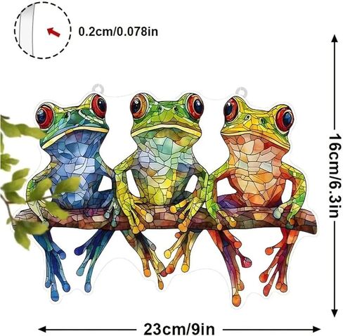 Three Frogs Stained Window Hanging Ornament, Frogs on Tree Branch Wall Acrylic Window Panel, Great Gift for Housewarming in Saudi Arabia