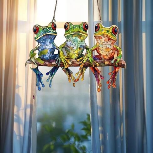 Three Frogs Stained Window Hanging Ornament, Frogs on Tree Branch Wall Acrylic Window Panel, Great Gift for Housewarming in Saudi Arabia